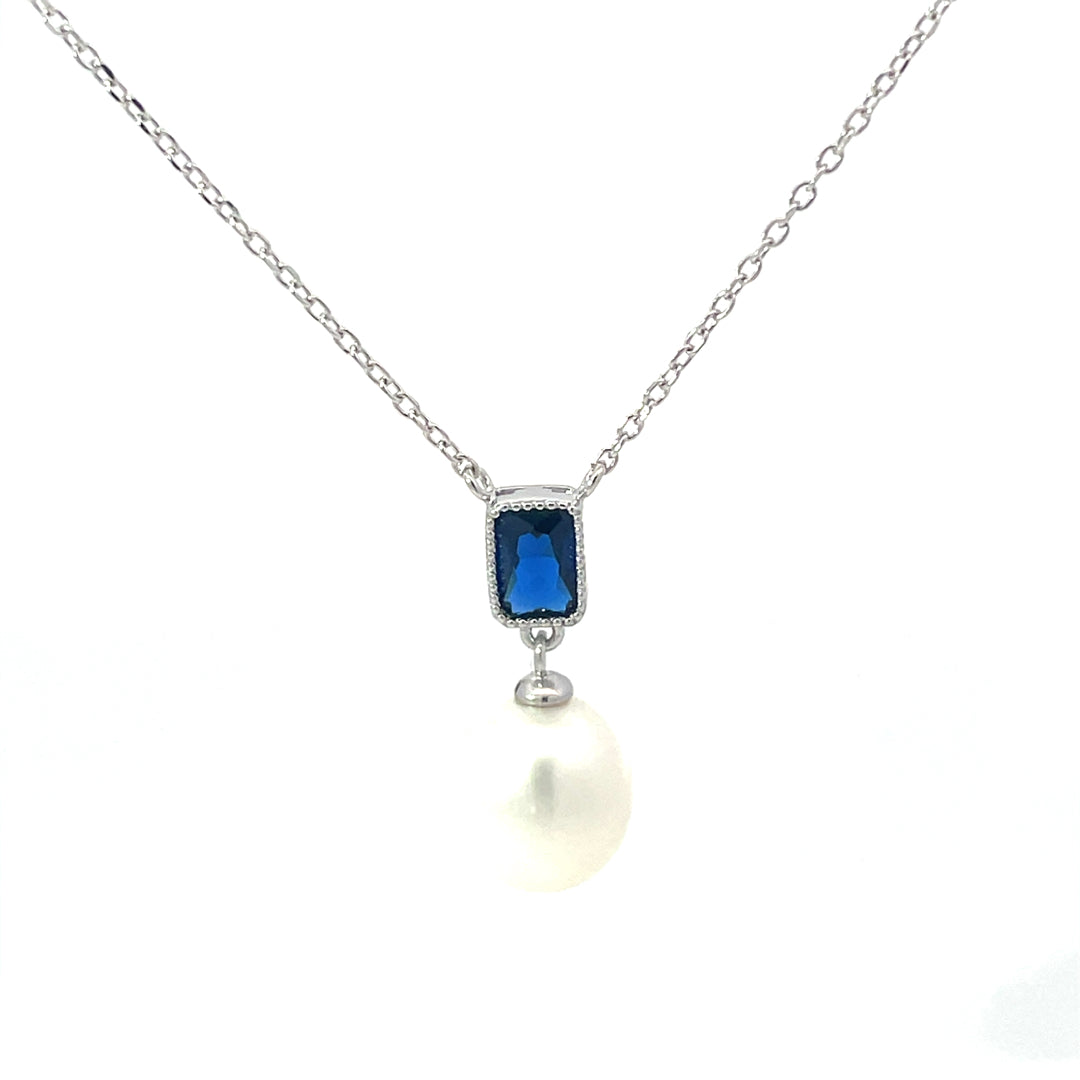 Sterling Silver Pearl & Blue CZ Necklace