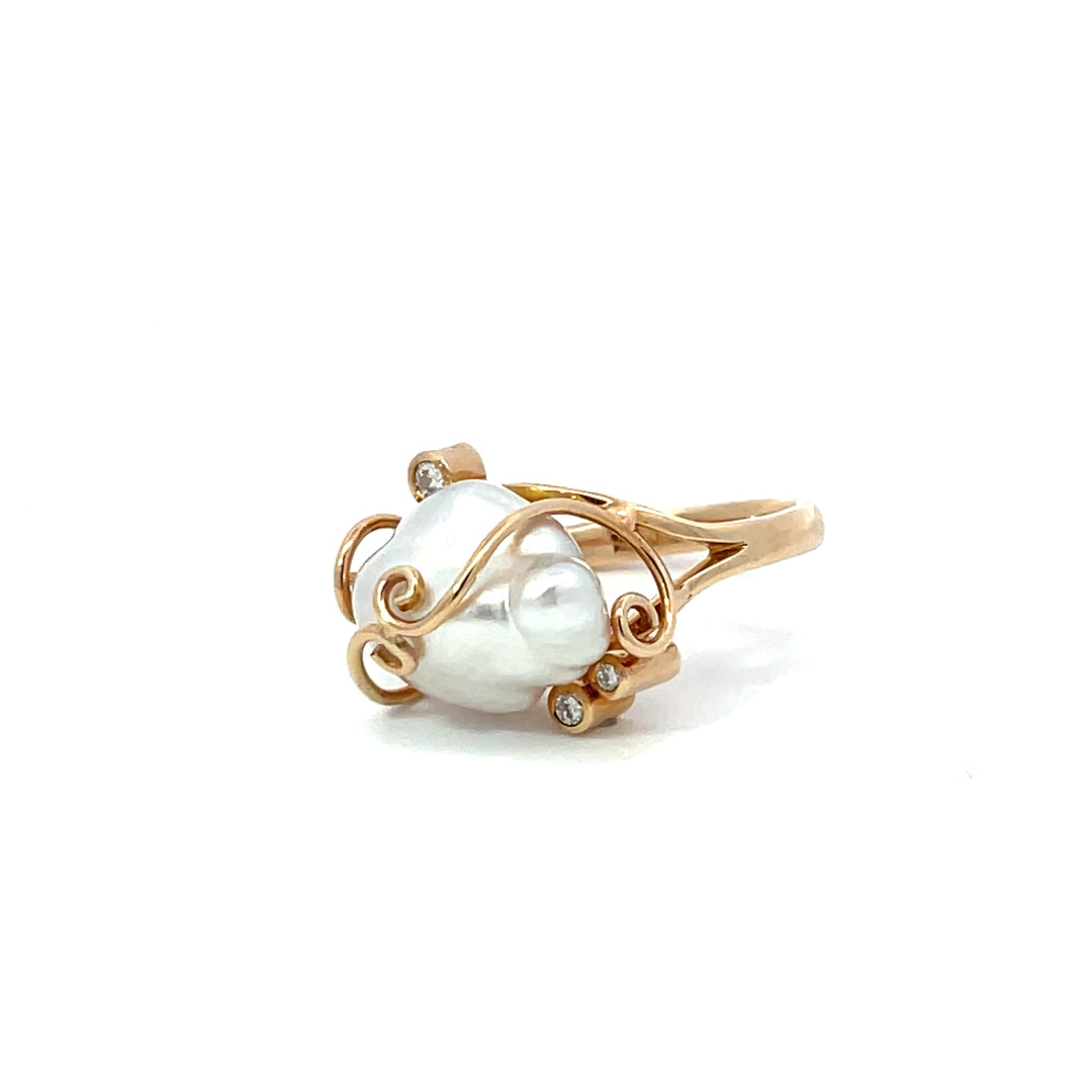 9ct Yellow Gold Keshi Pearl & Diamond Ring