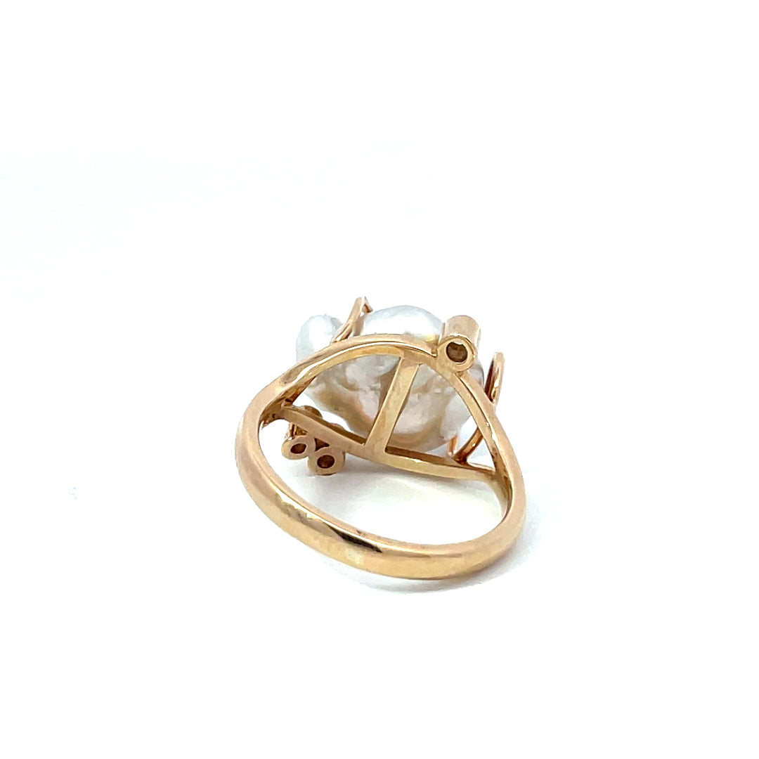 9ct Yellow Gold Keshi Pearl & Diamond Ring