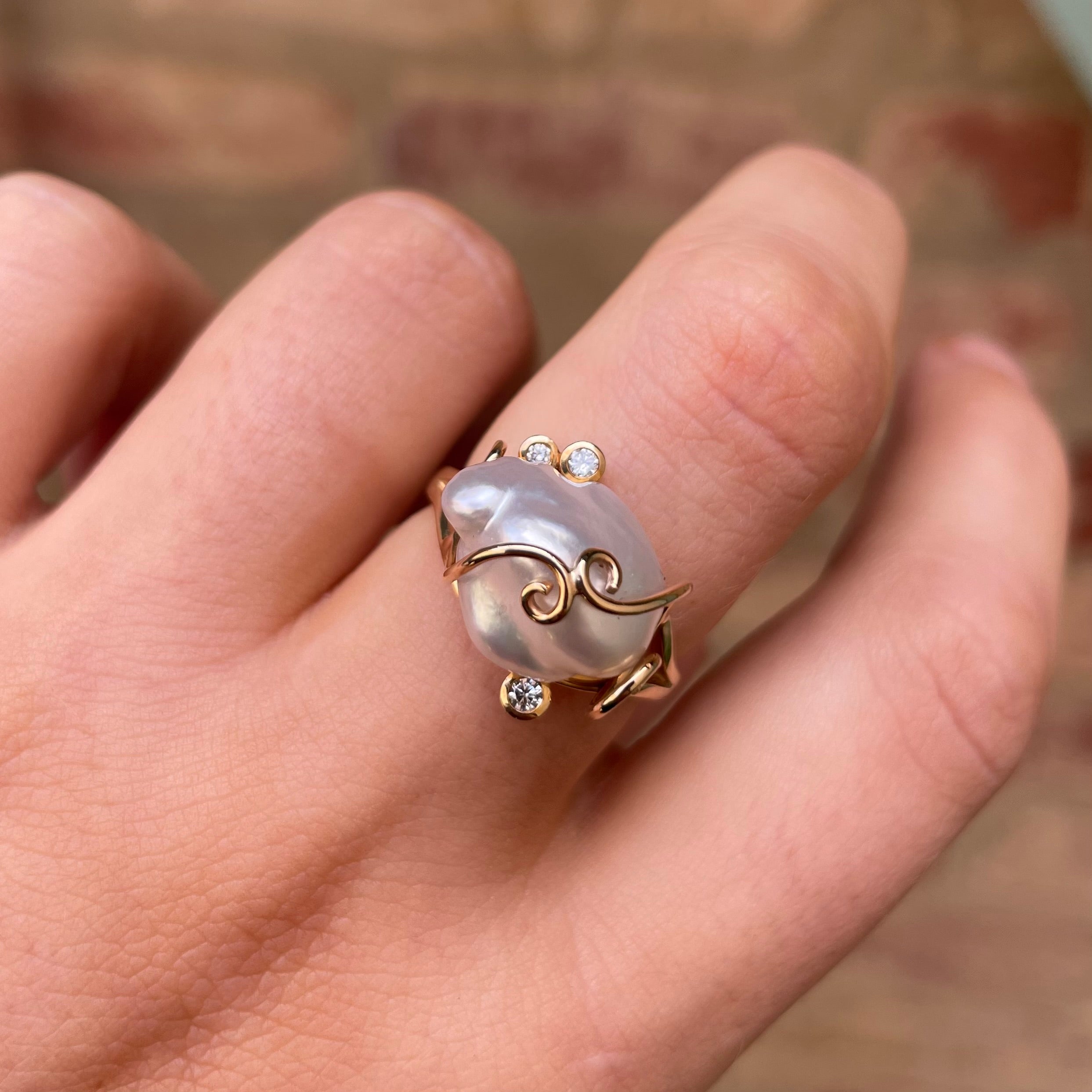 9ct Yellow Gold Keshi Pearl & Diamond Ring